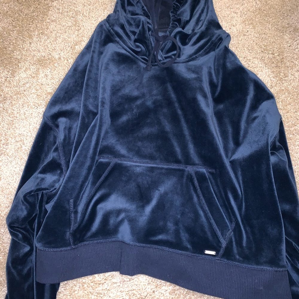 Hollister Velour Navy Blue Semi Cropped Hoodie